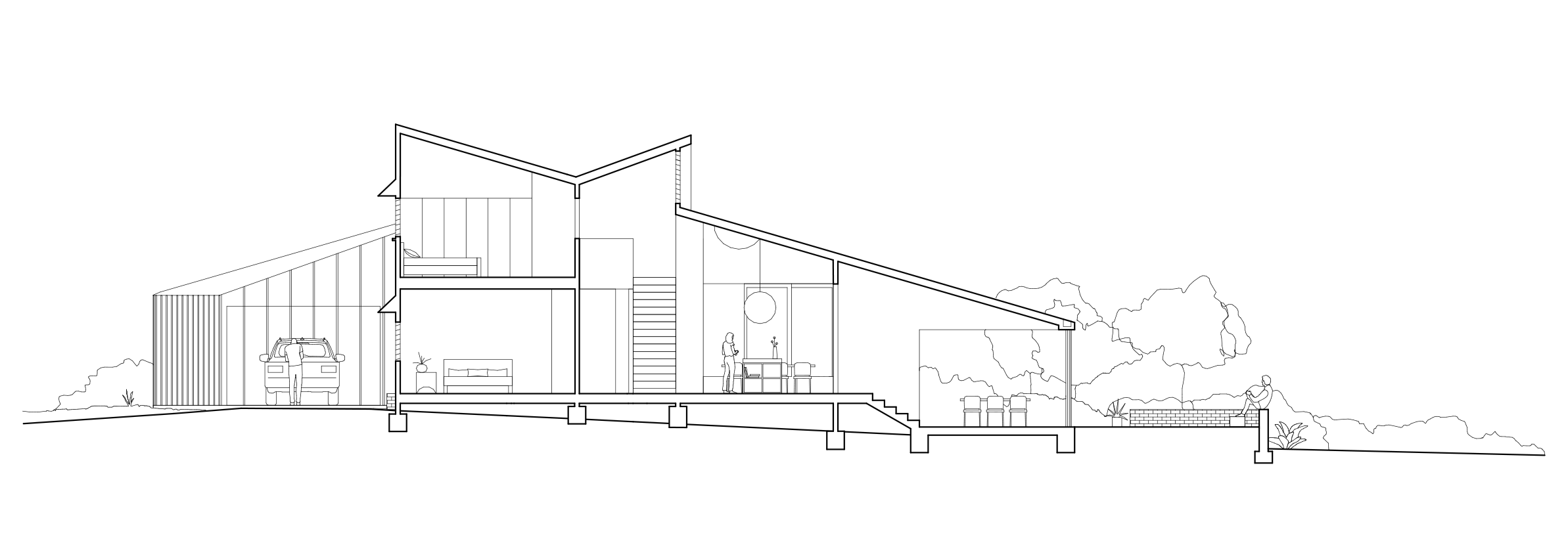 A architectural section of Lou's House in Adamstown Heights, Newcastle, by Muci architects. The raking roof form starts at two storeys on the left and angles down through the living room to the garden.
