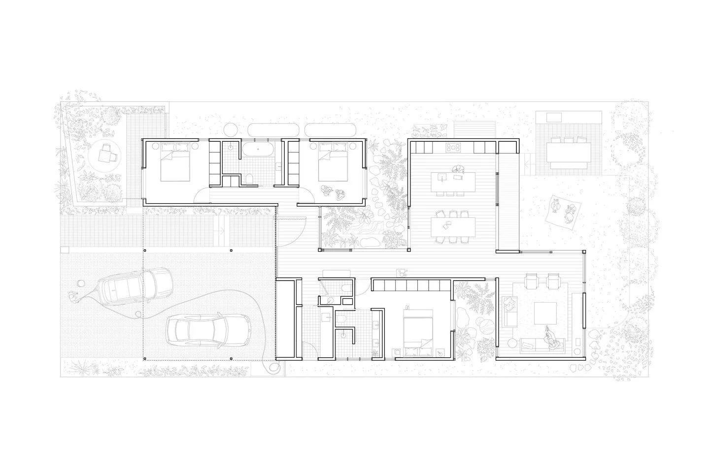 The simple gable form of the Garden Bungalow is 'carved' away to create pocket gardens that allow the house to breathe and provide private outlooks for bedrooms and living areas. This strategy also delivers a rich variety of spaces within an easy to 