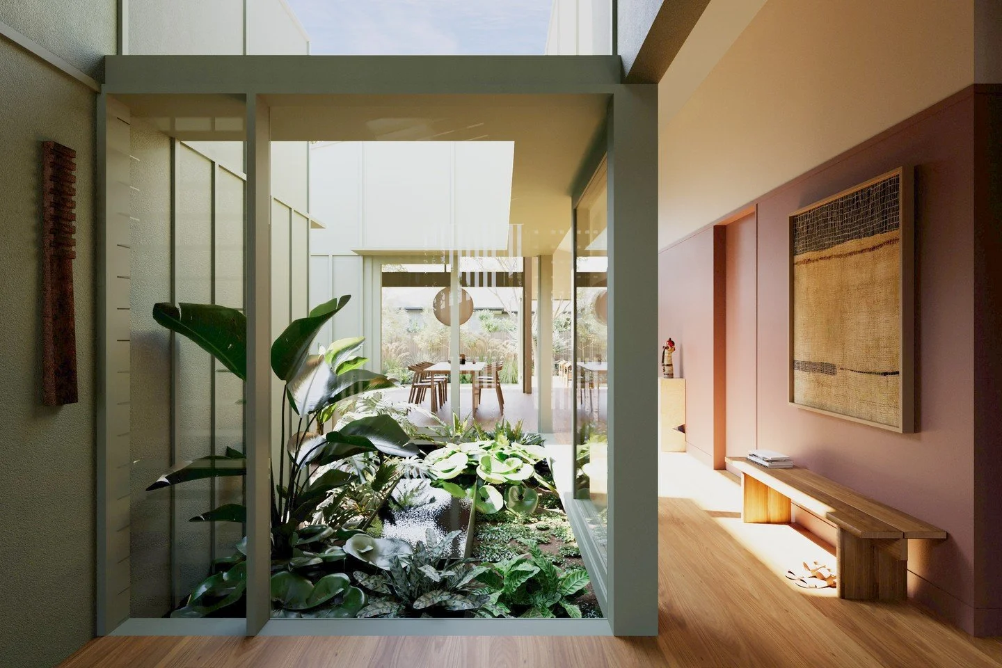 Arriving in the foyer of our Garden Bungalow - a central garden draws light and ventilation into the middle of the house and provides a private outlook to garden. ⁠
⁠
----⁠
⁠
We are currently progressing through developed design with @builtquik, with