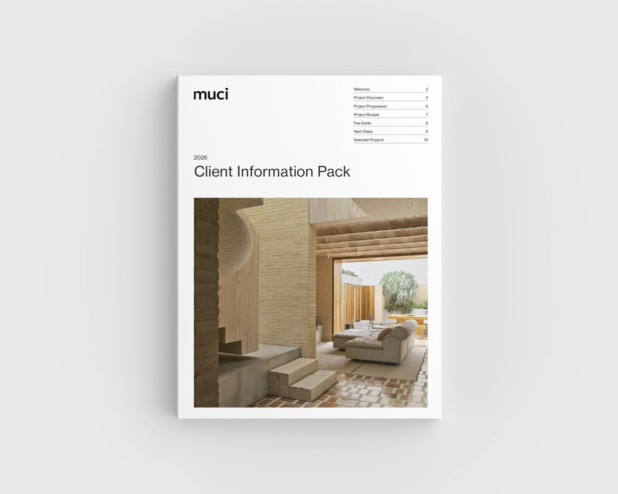 Front cover of Client Information Pack by architects in Newcastle, Muci to assist clients where to start with architect fees, architect services, architect process.