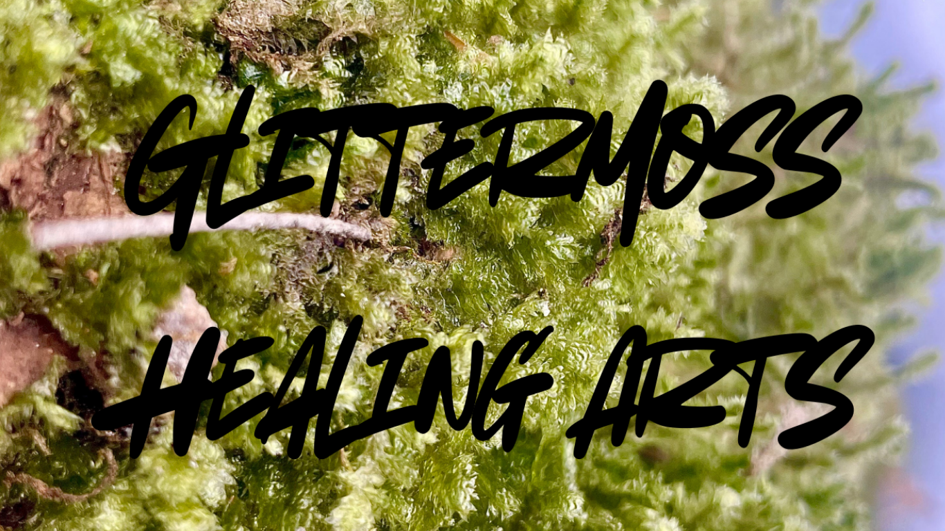 Close-up of green moss on a tree trunk with black text reading 'GITTERMOSS HEALING HERBS' overlaid.