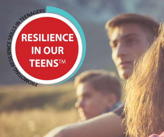Three teenagers sitting outdoors in a field, with one of them in focus, and a red circular graphic that says "Resilience in Our Teens".