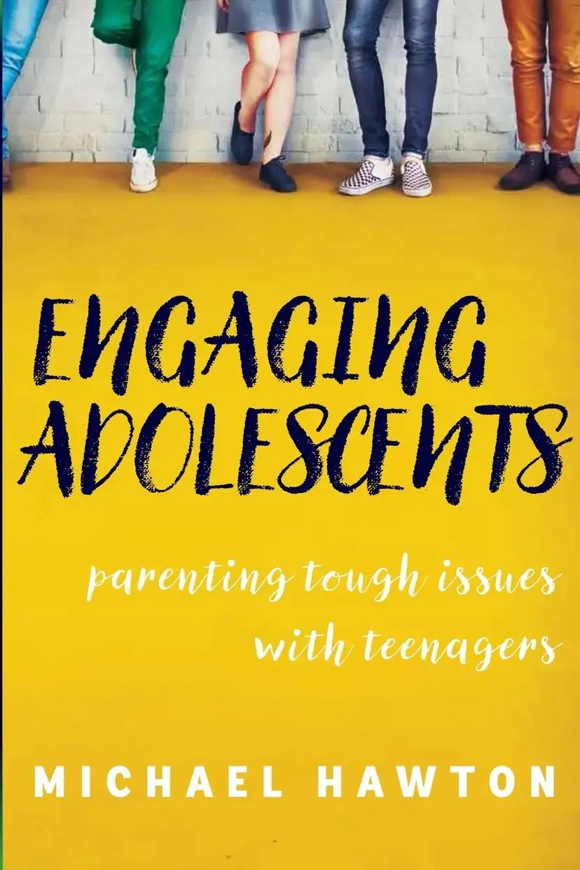 The cover of a book titled 'Encouraging Adolescents: parenting tough issues with teenagers' by Michael Hawton. The top part shows the lower halves of several people standing against a white brick wall, with a yellow floor.