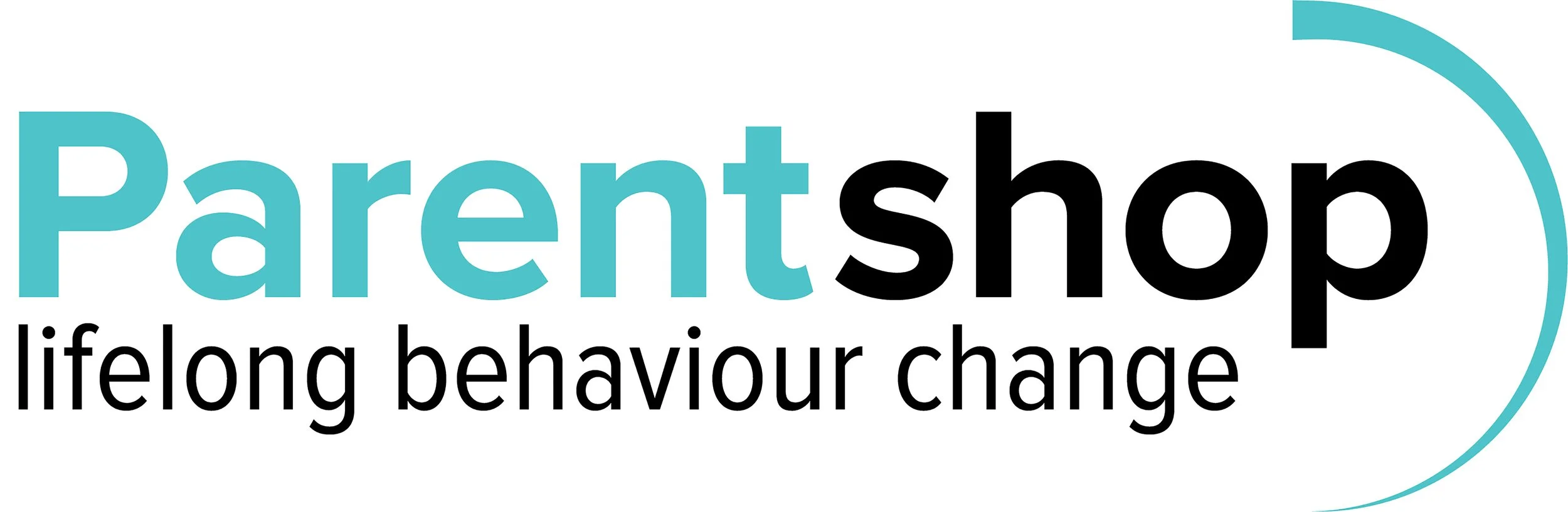 Logo with the text 'Parentshop lifelong behaviour change' in blue and black font, with a blue arc on the right side.
