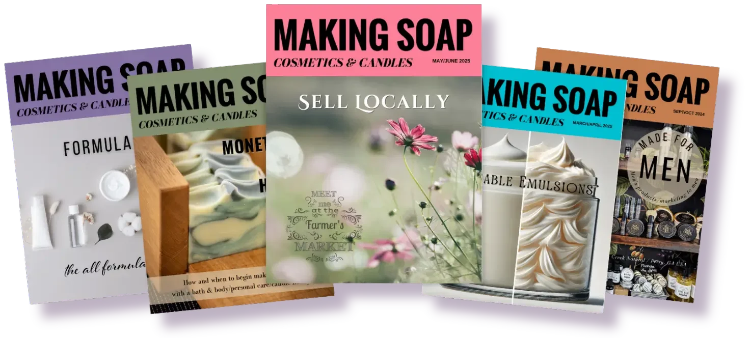 Collection of magazine covers titled 'Making Soap' with different themes such as cosmetics, candles, and men, dated 2021 to 2025.