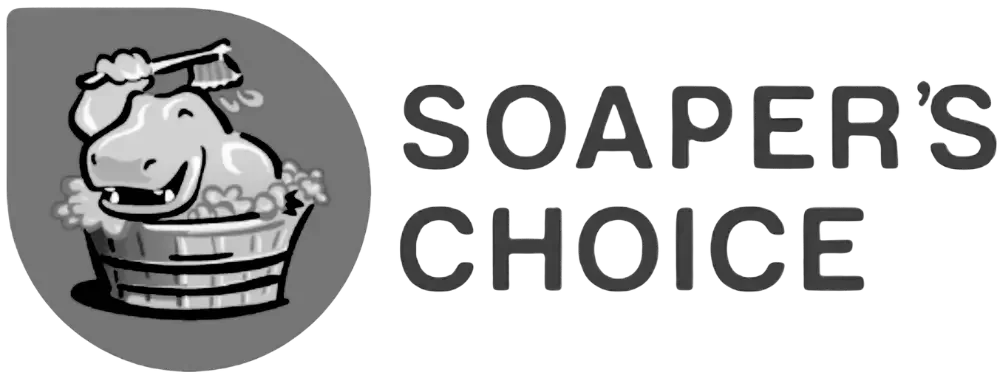 Cartoon of a happy hippopotamus with a bar of soap on its head, washing in a tub surrounded by bubbles, with the text 'Soap's Choice' next to it.