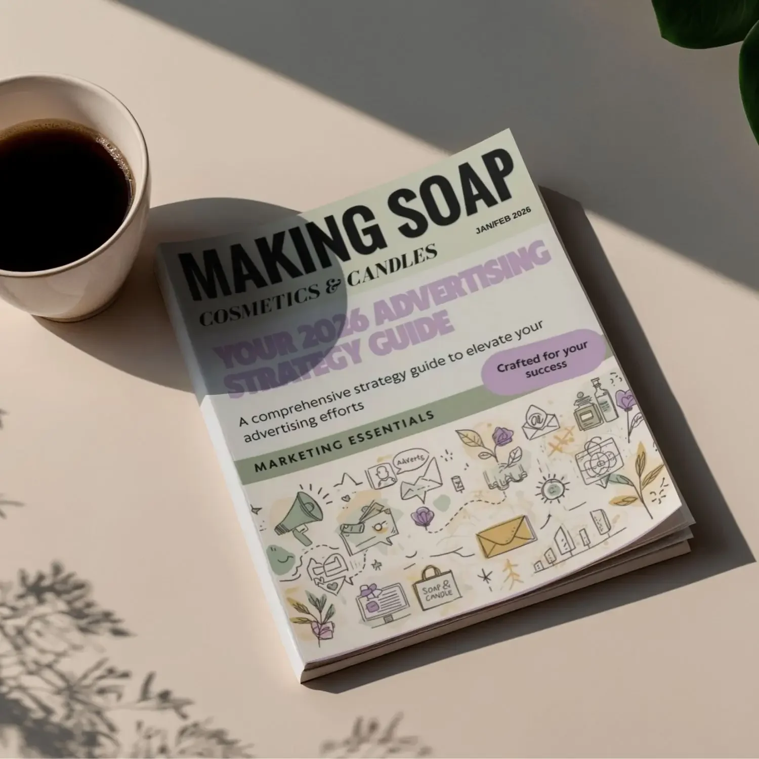 A cup of coffee placed on a white table alongside a magazine titled "Making Soap Cosmetics & Candles" with a guide on advertising strategy, surrounded by shadows of plant foliage.