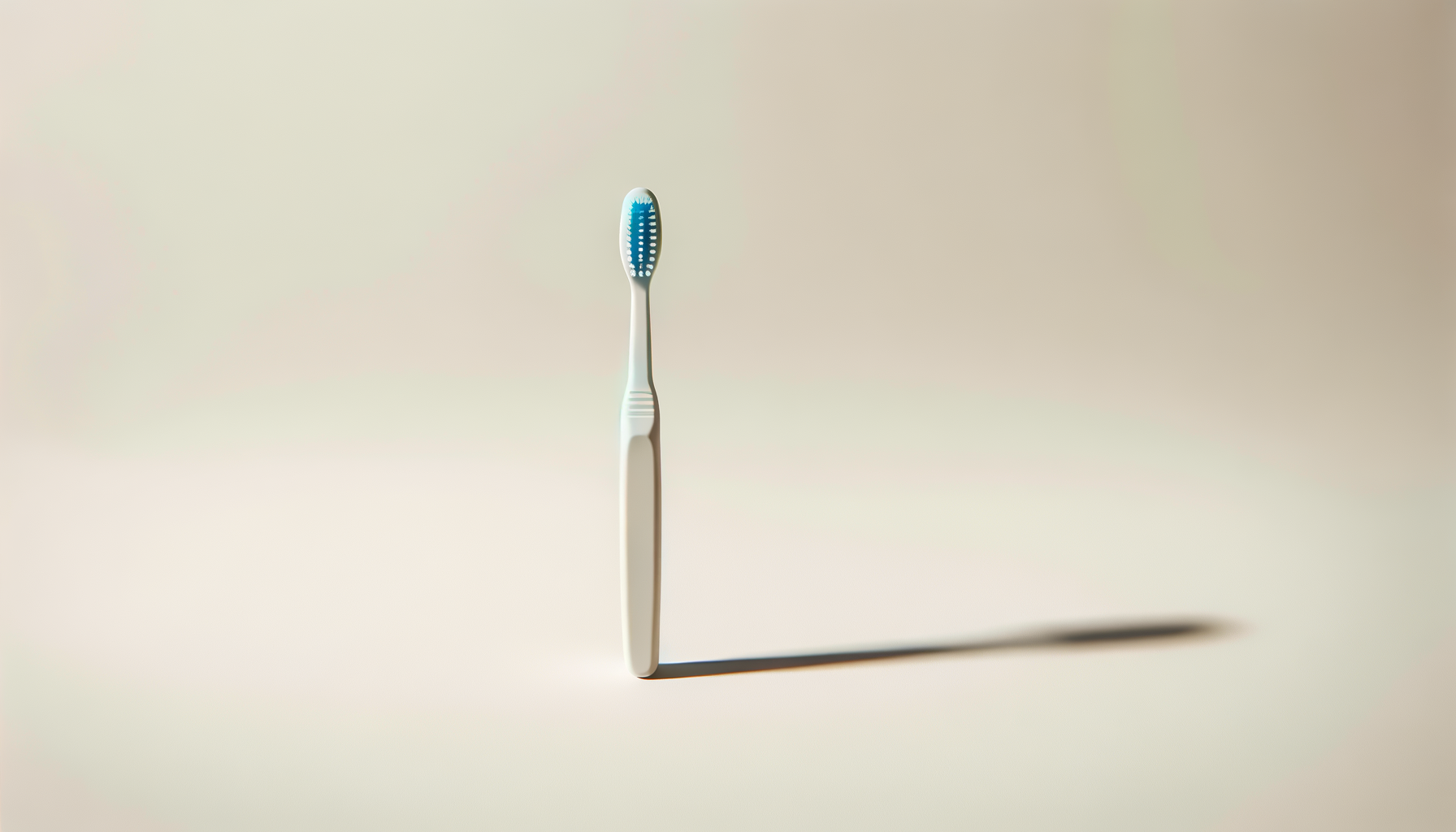 A single white toothbrush with blue bristles standing upright on a light-colored surface, casting a shadow.