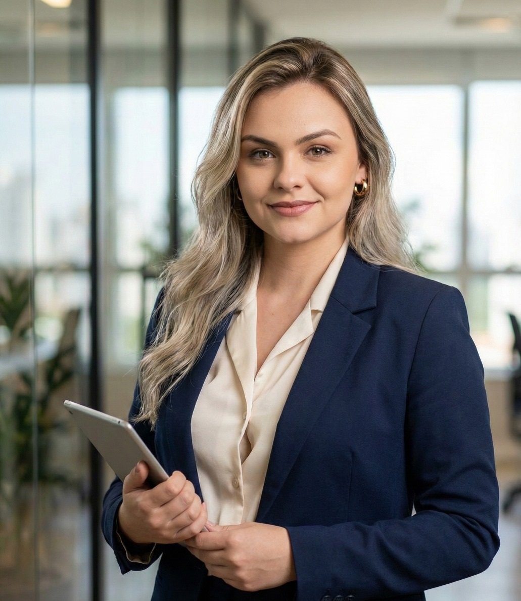 Mulher executiva com cabelo loiro, usando blazer azul e blusa clara, segurando um tablet, em escritório moderno com janelas amplas ao fundo.
