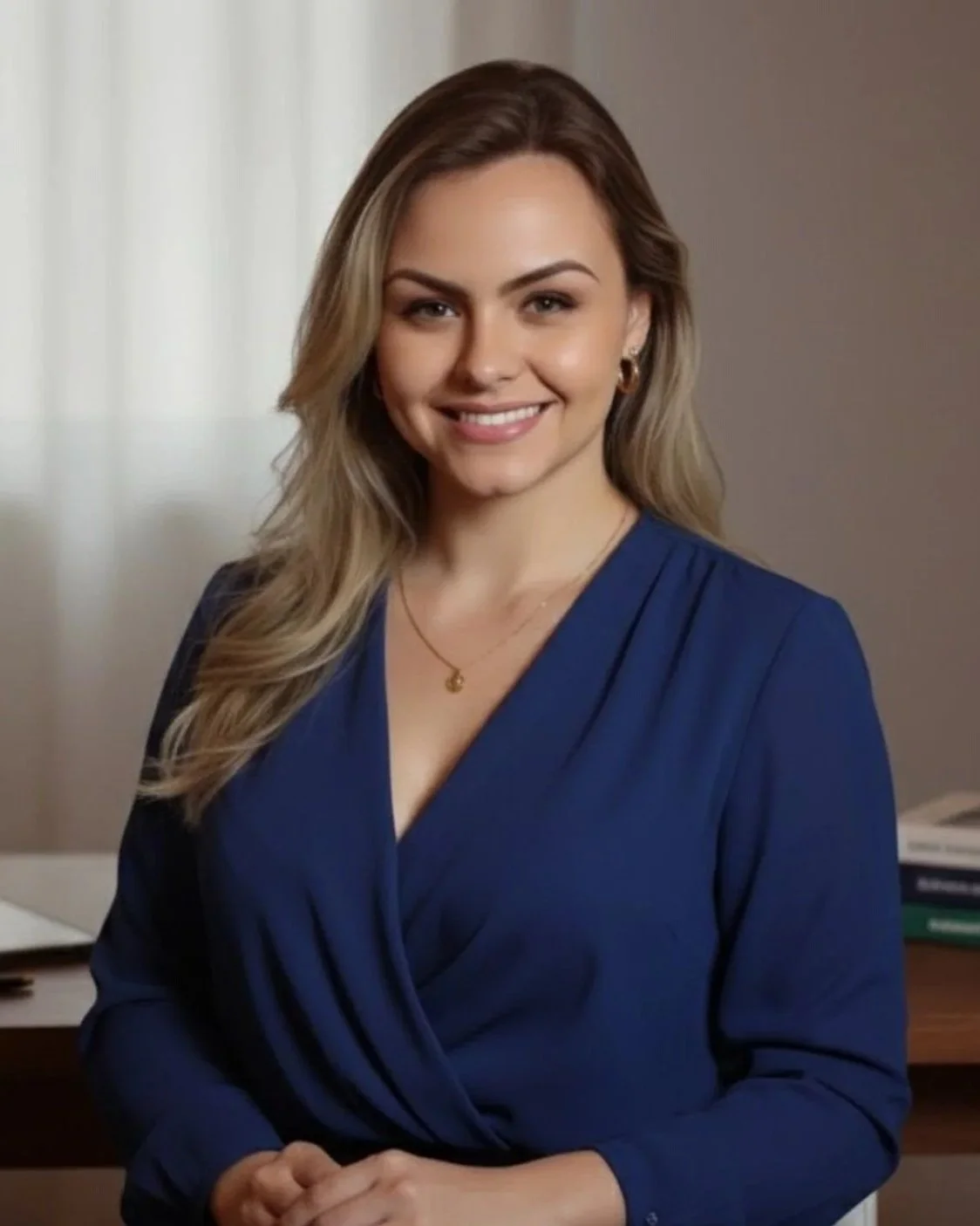 Mulher loira, sorridente, camisa social azul marinho, braços sobre a mesa, olhar sereno.