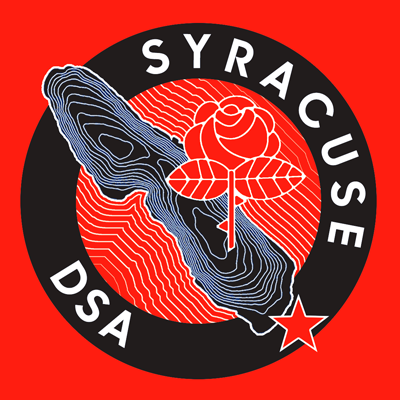 Syracuse DSA emblem featuring a black and blue landmass with a red background, a red rose, and a red star at the bottom right.
