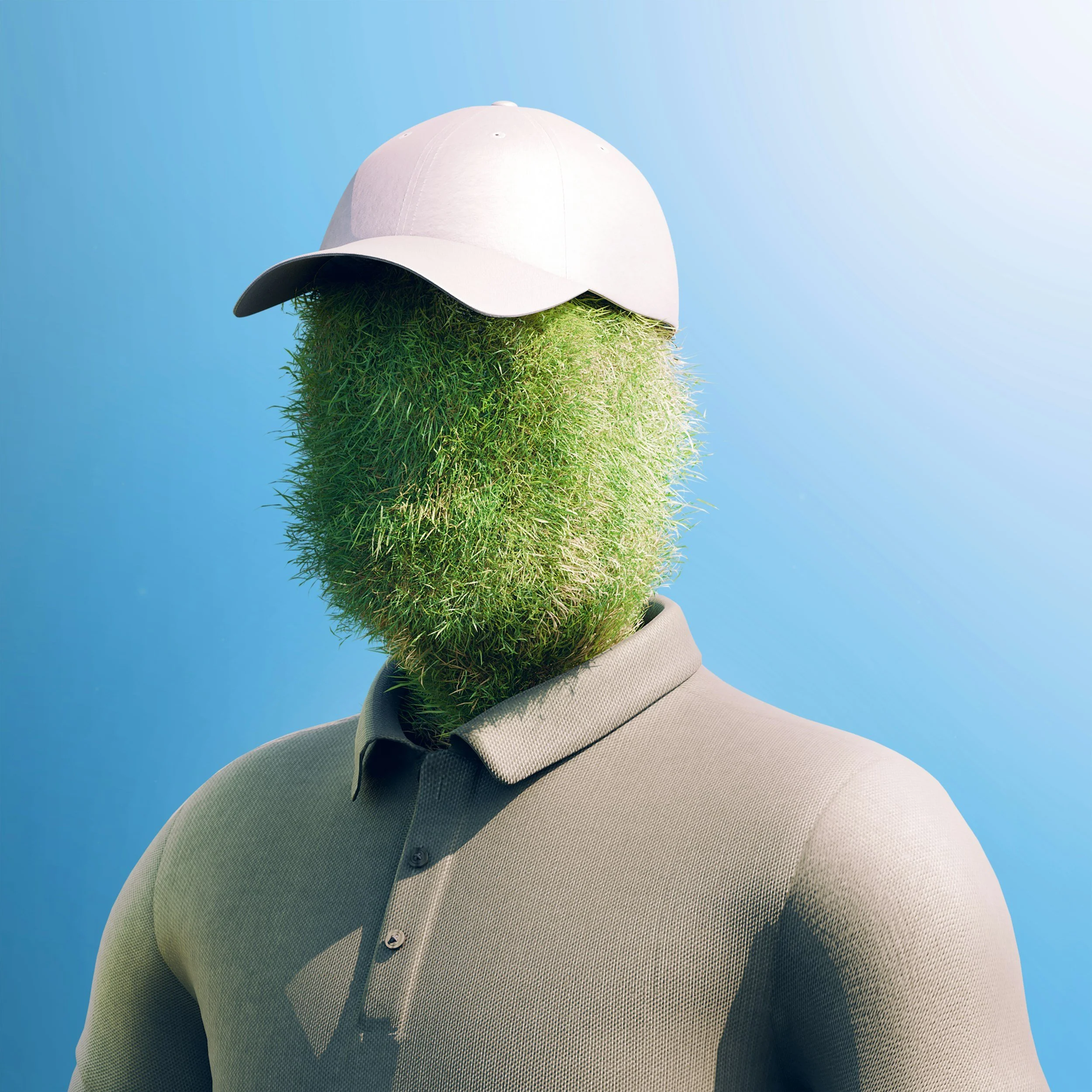 A person with a head made of green grass, wearing a white baseball cap and a beige polo shirt against a blue background.