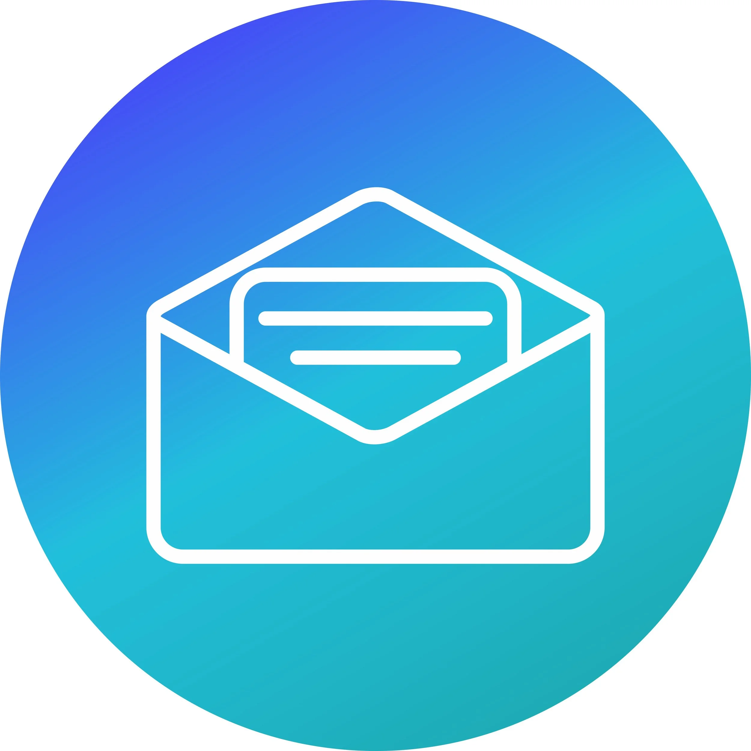 Icon of an open envelope with a letter inside, on a blue circular background.