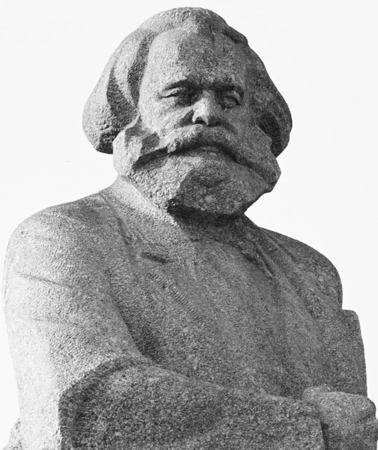 Black and white photograph of a statue of Karl Marx.