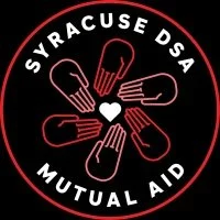 Syracuse DSA Mutual Aid logo with five red and white hands reaching towards a heart in the center.