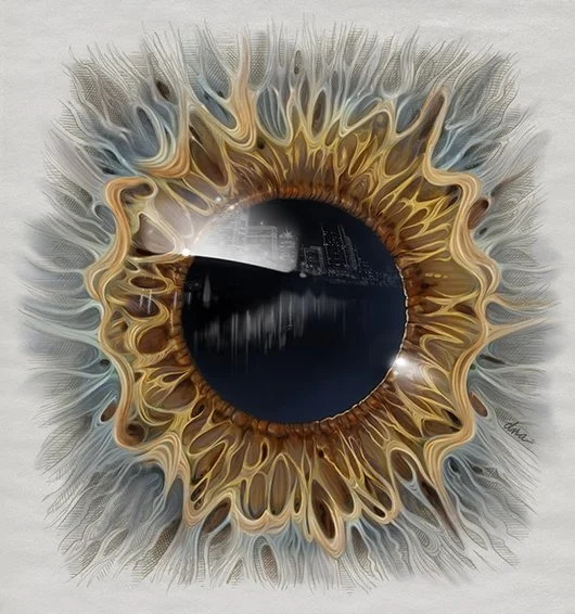 A close up of an iris an pupil in vintage inspired tones of brown, taupe, mustard and cerulean. A modern cityscape is reflected over the pupil