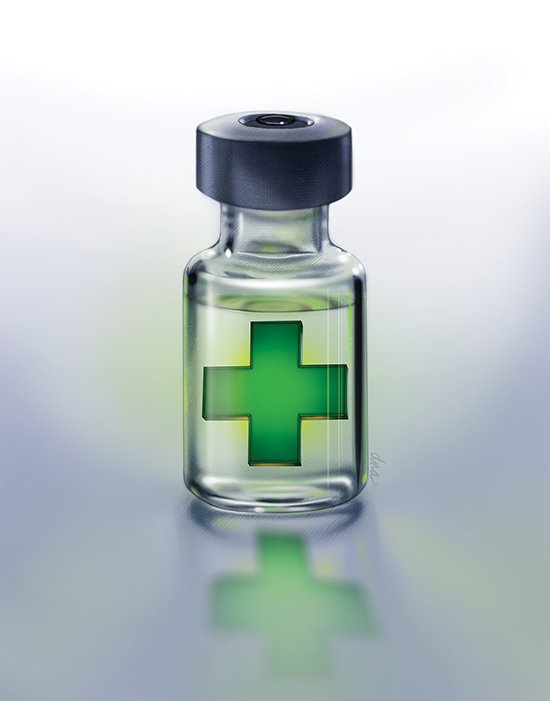 Vial with Green Cross found in the EU to indicate a Chemist's or Pharmacist's