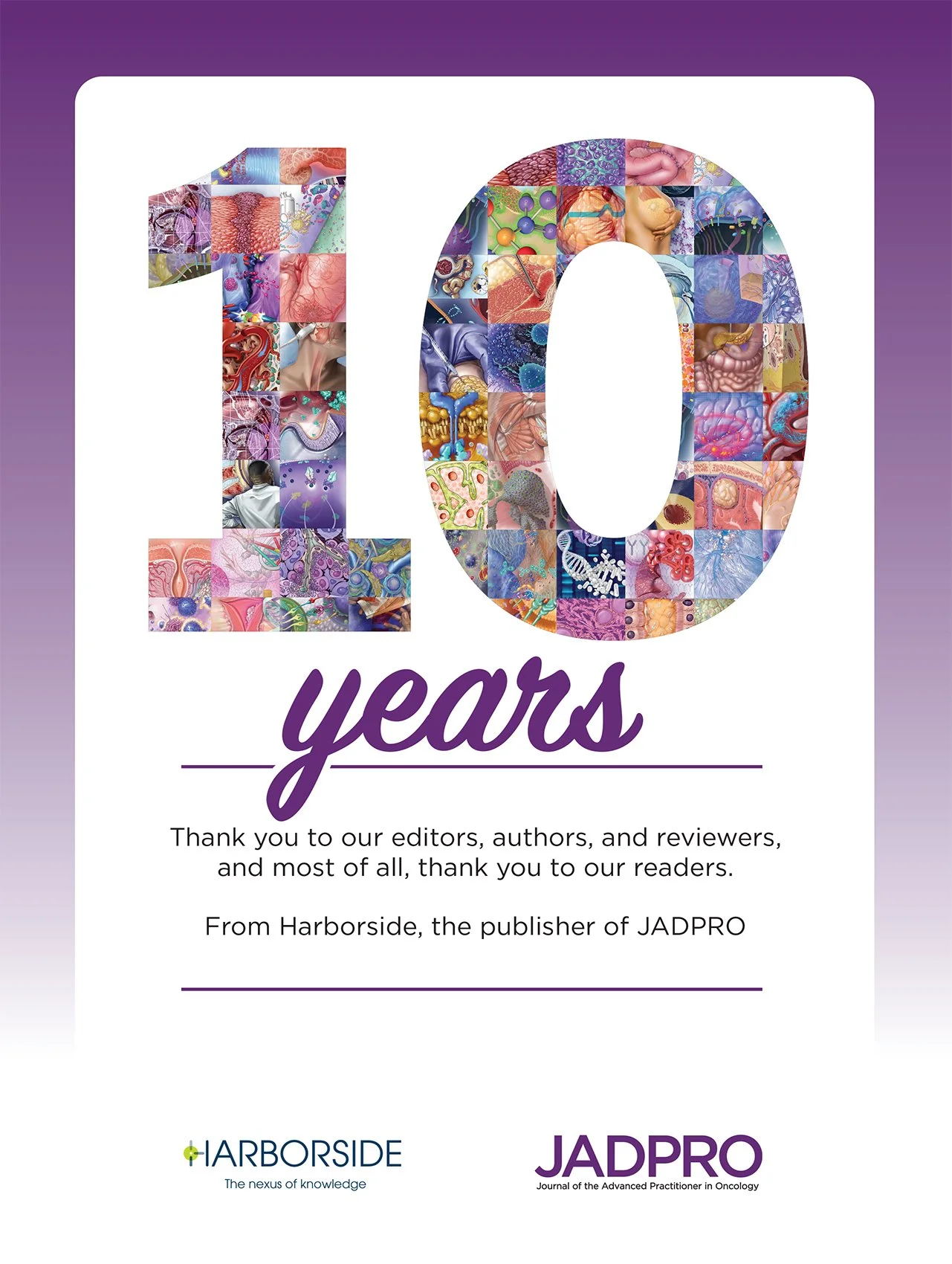 The number 10 is created from small sampled squares of medical illustrations created over a ten year span