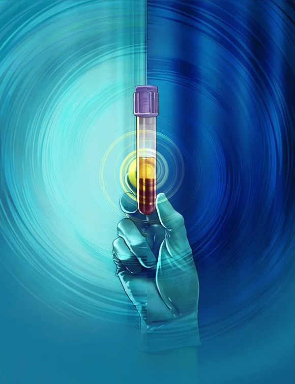 Close up of a gloved hand holding a test tube of blood. There's a yellow light behind the vial. It's on a field of bright blue.