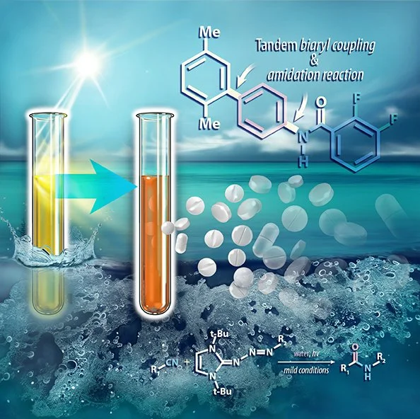 Illustration of a light driven reaction. Sunlight hits a test tube with a yellow liquid and it becomes orange.