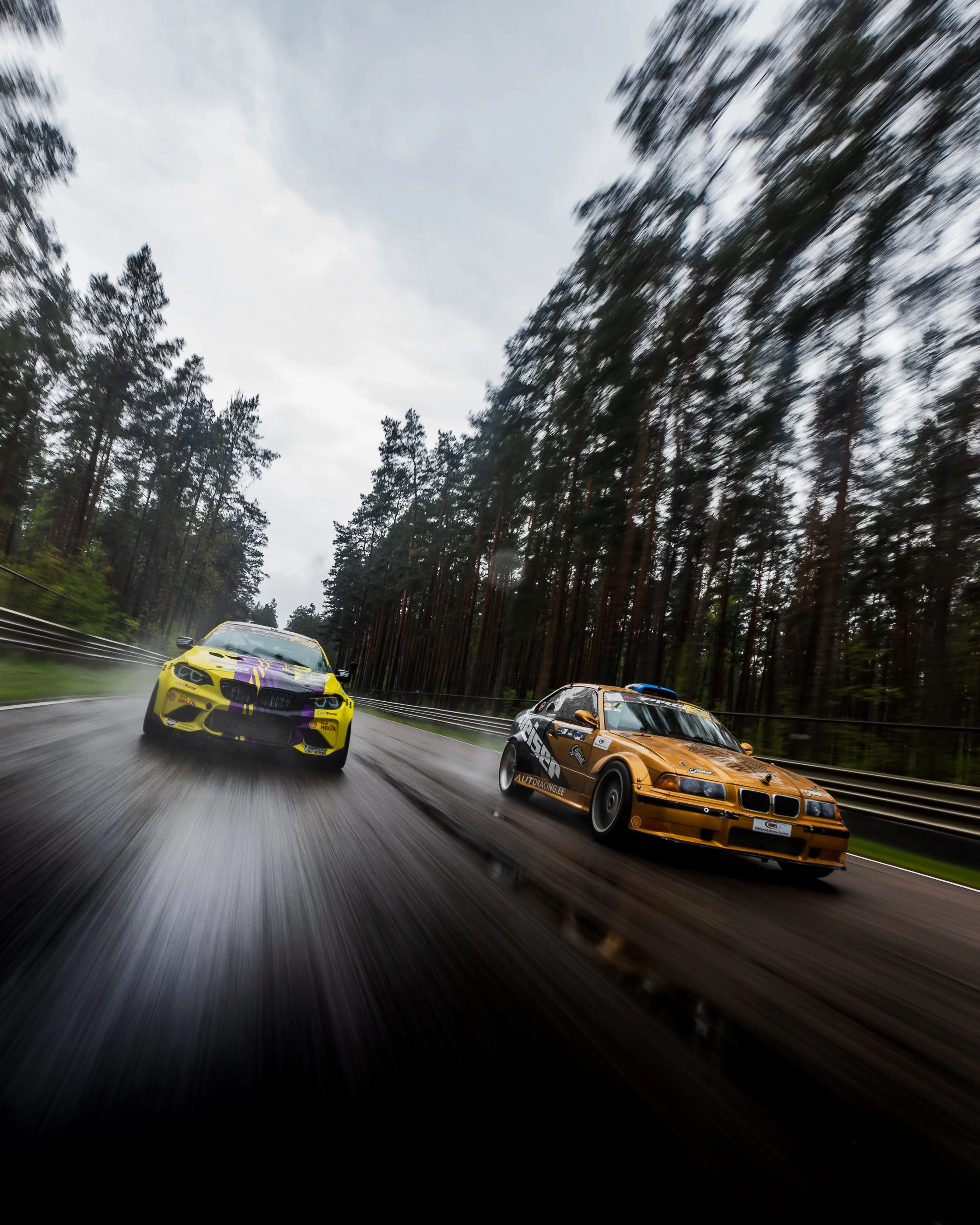 Two cars racing on a wet road through a forest, with motion blur indicating speed.