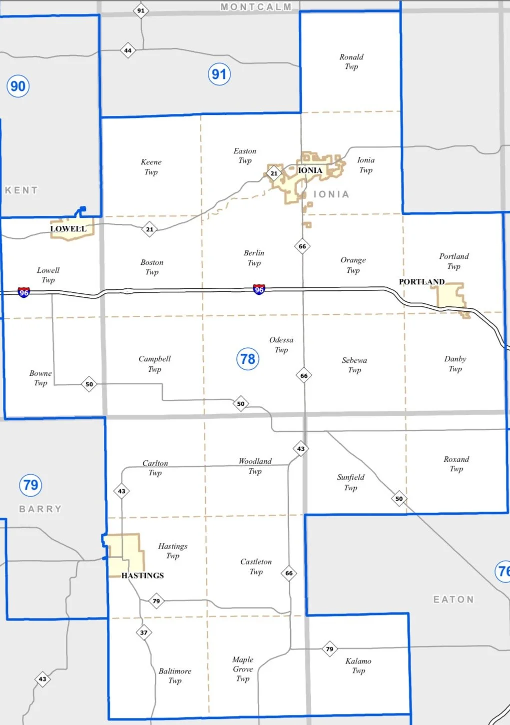 Map of Ionia County, Michigan, showing towns like Ionia, Lowell, Portland, and Hastings, with major highways including I-96 and US-66, bordered by surrounding counties.