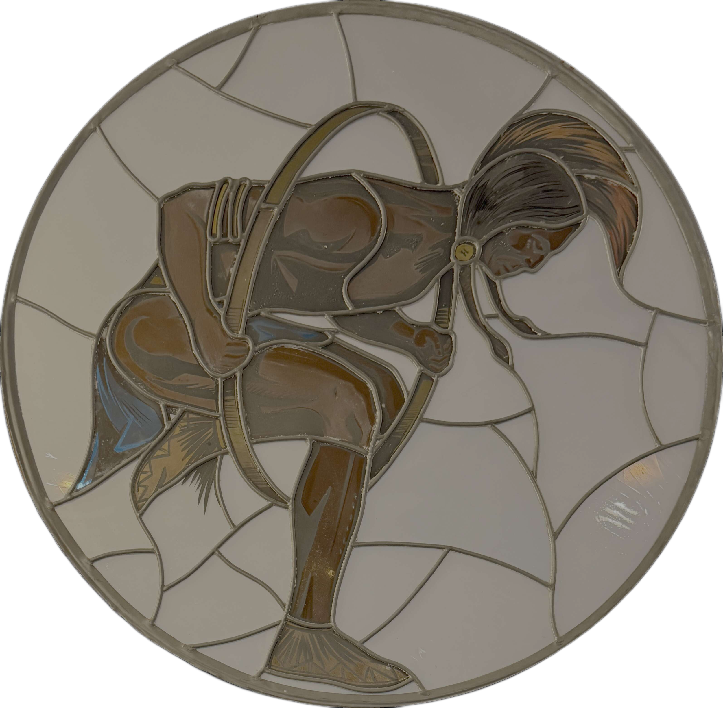 A beautiful stained-glass mosaic of a Native American, the emblem of Moon Dancer, which sells authentic Native American art, jewelry, clothing, and gifts.