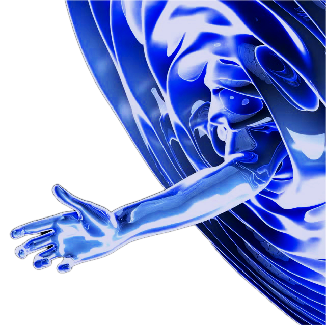 A highly stylized digital illustration of a futuristic figure with an extended arm, featuring shiny metallic and blue elements, set against a black background.