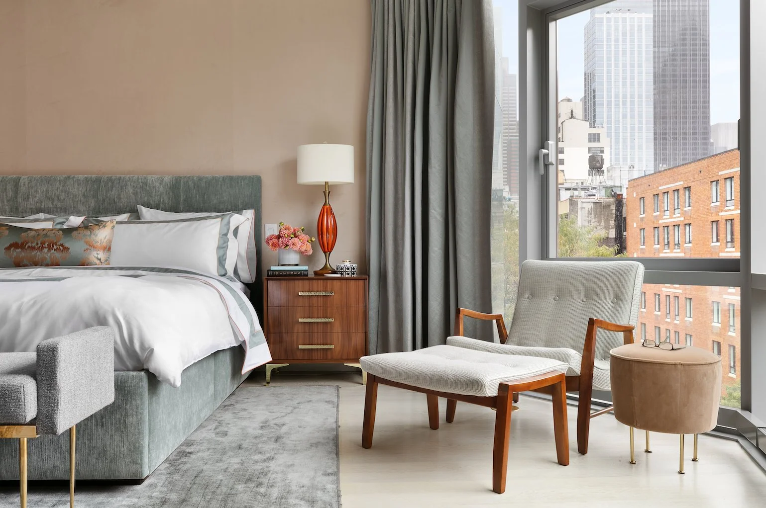 Refined New York City bedroom interior by Michele Bitter Designs with layered furnishings, custom details, soft color, and a livable full-service design approach