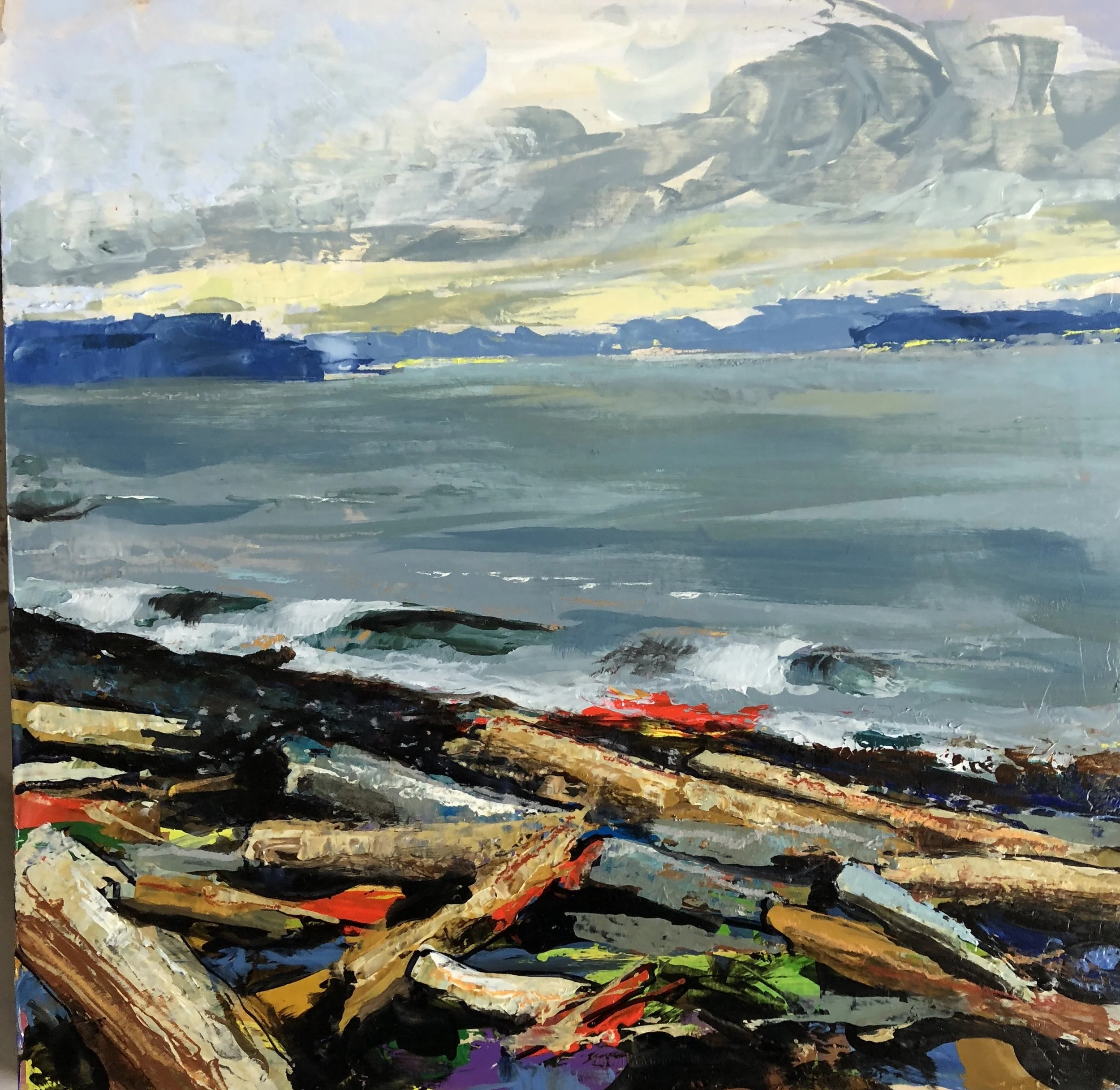 An abstract landscape painting of the ocean with a stormy sky, distant land, and colorful driftwood on the shore.