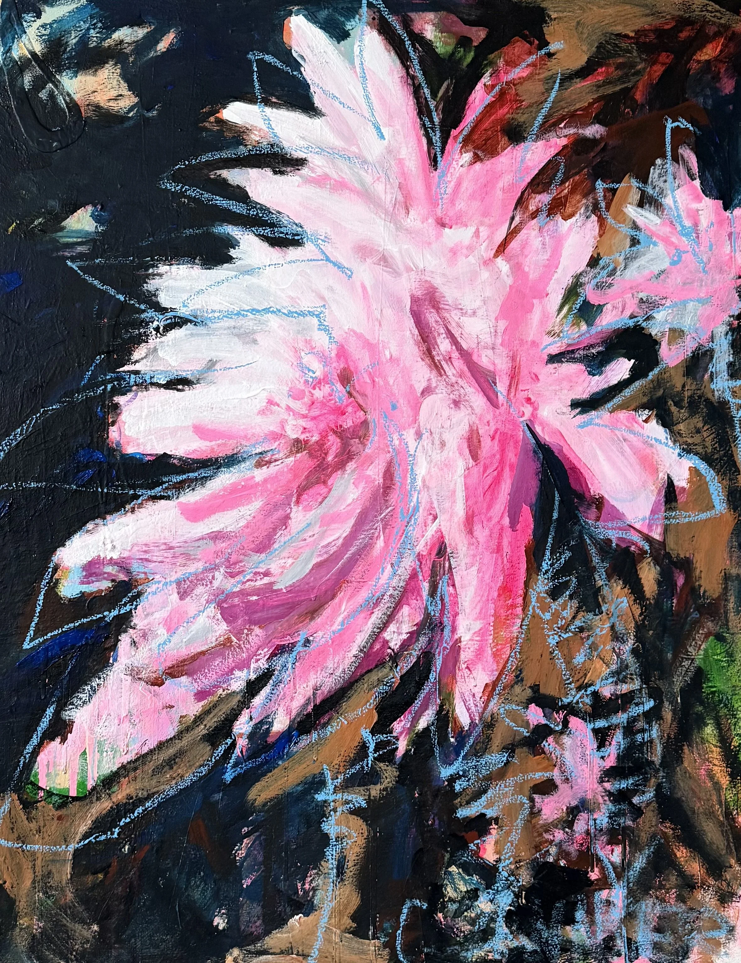 Abstract painting of pink and white flowers with black, brown, and blue accents. sold