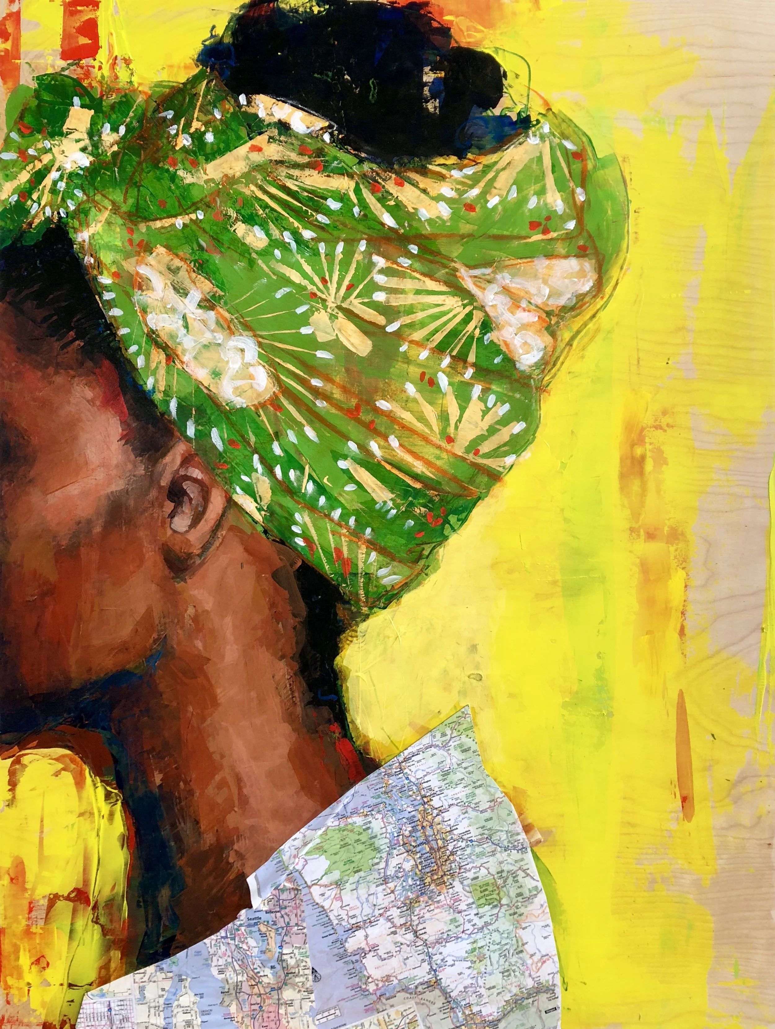 Black History Month Gallery show
2018 Acrylic and map on canvas