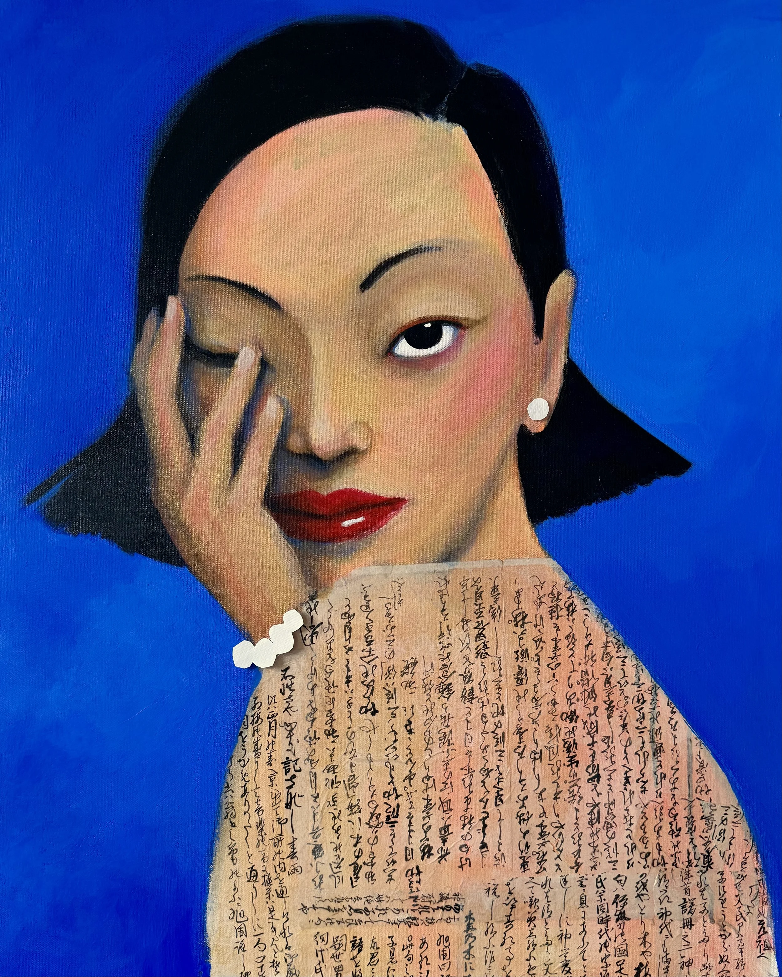 SAY WHAT??!
24 x 30 acrylic on canvas with calligraphy on rice paper.  Donated to the Wing Luke Art Museum.