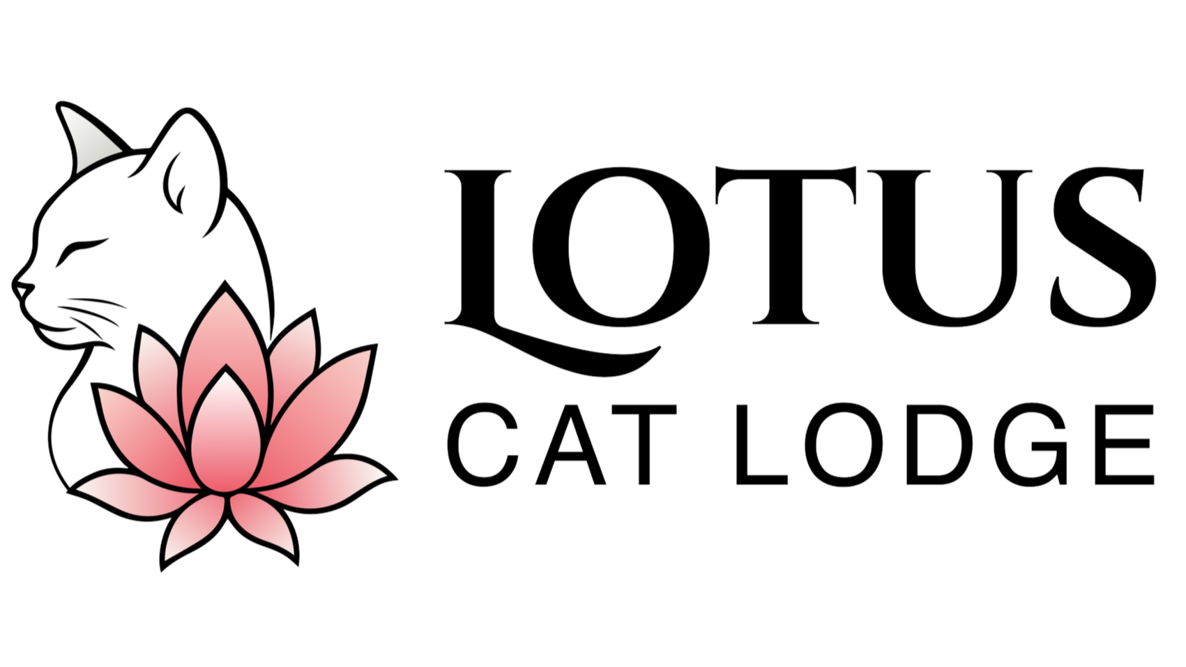 Logo for Lotus Cat Lodge, featuring a minimalist cat profile and a pink lotus flower beside the business name in bold black text.