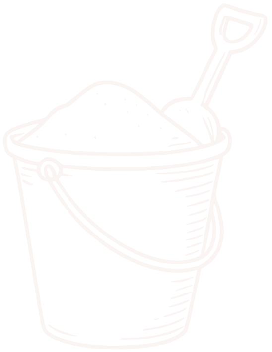 Line drawing of a bucket filled with sand and a small shovel inside it.