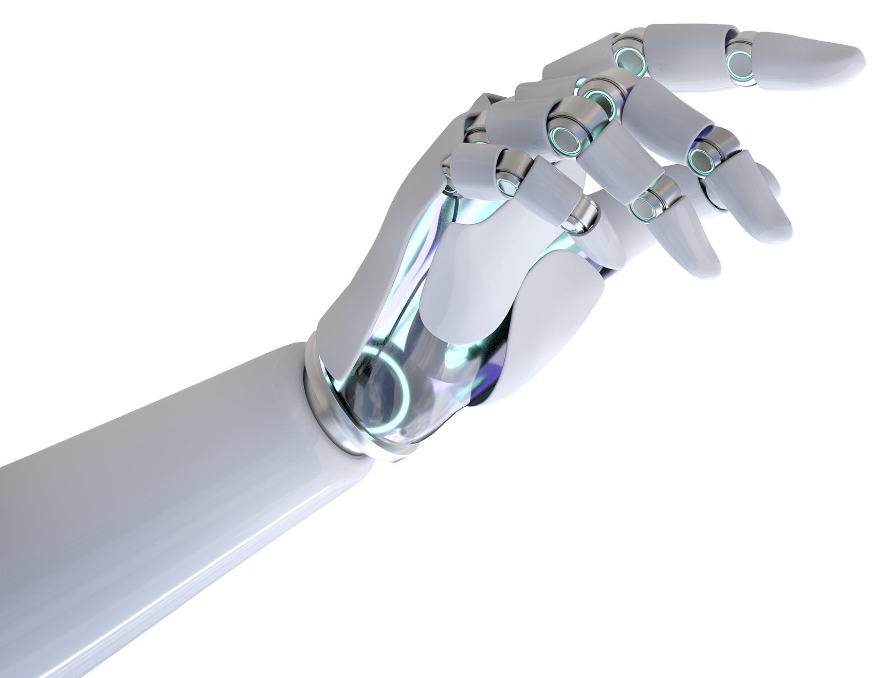 Futuristic robotic hand with glowing blue accents gripping a blue rectangular object.