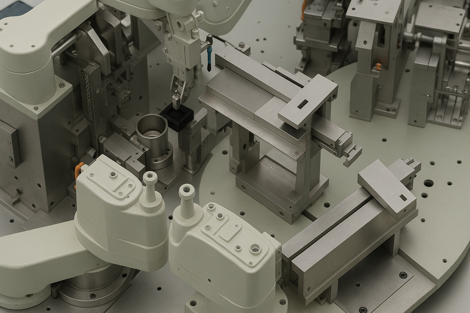 Close-up of industrial robotic assembly machine with metallic components and parts.
