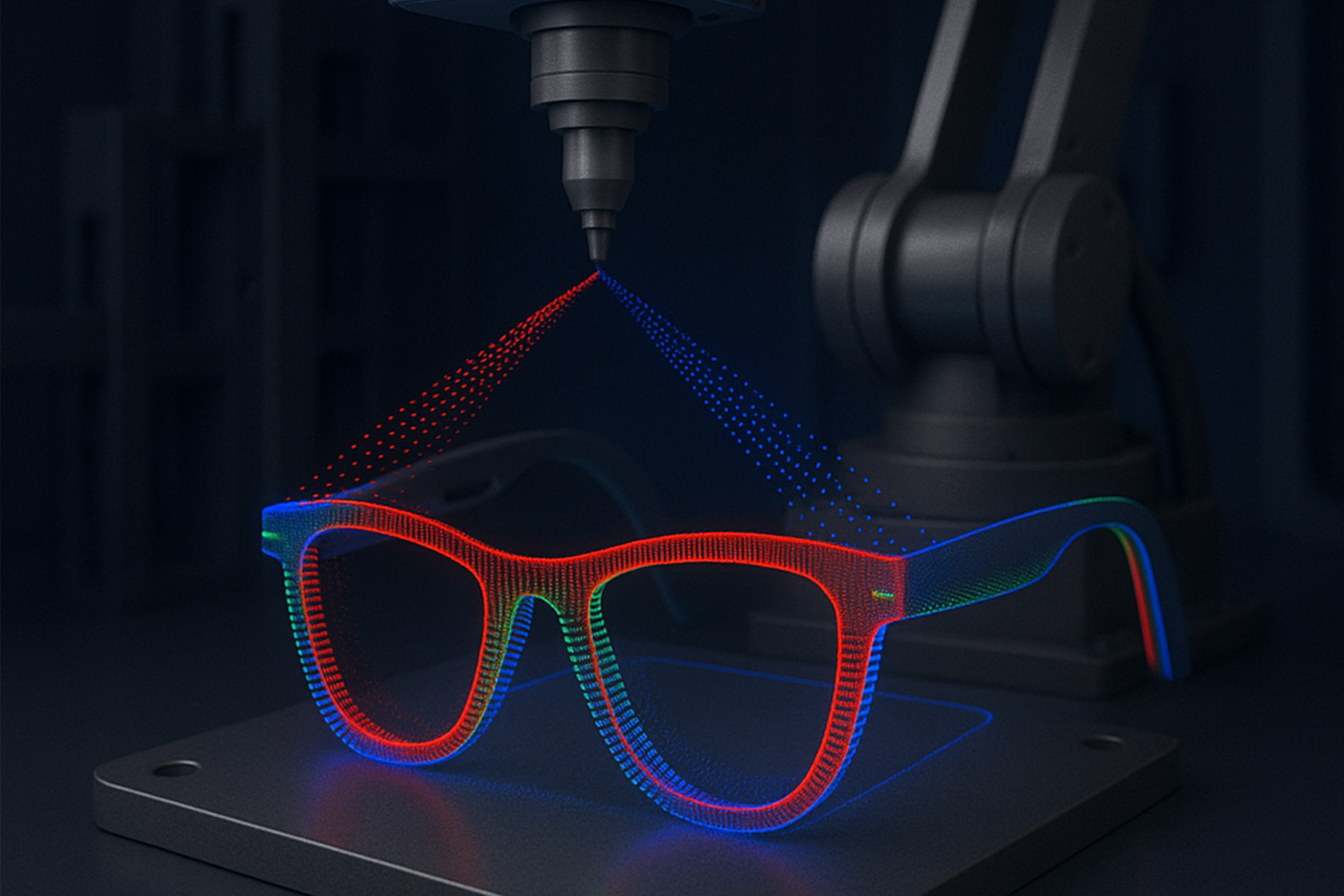 Colorful laser scan of 3D glasses model on a platform with a robotic arm projecting light patterns