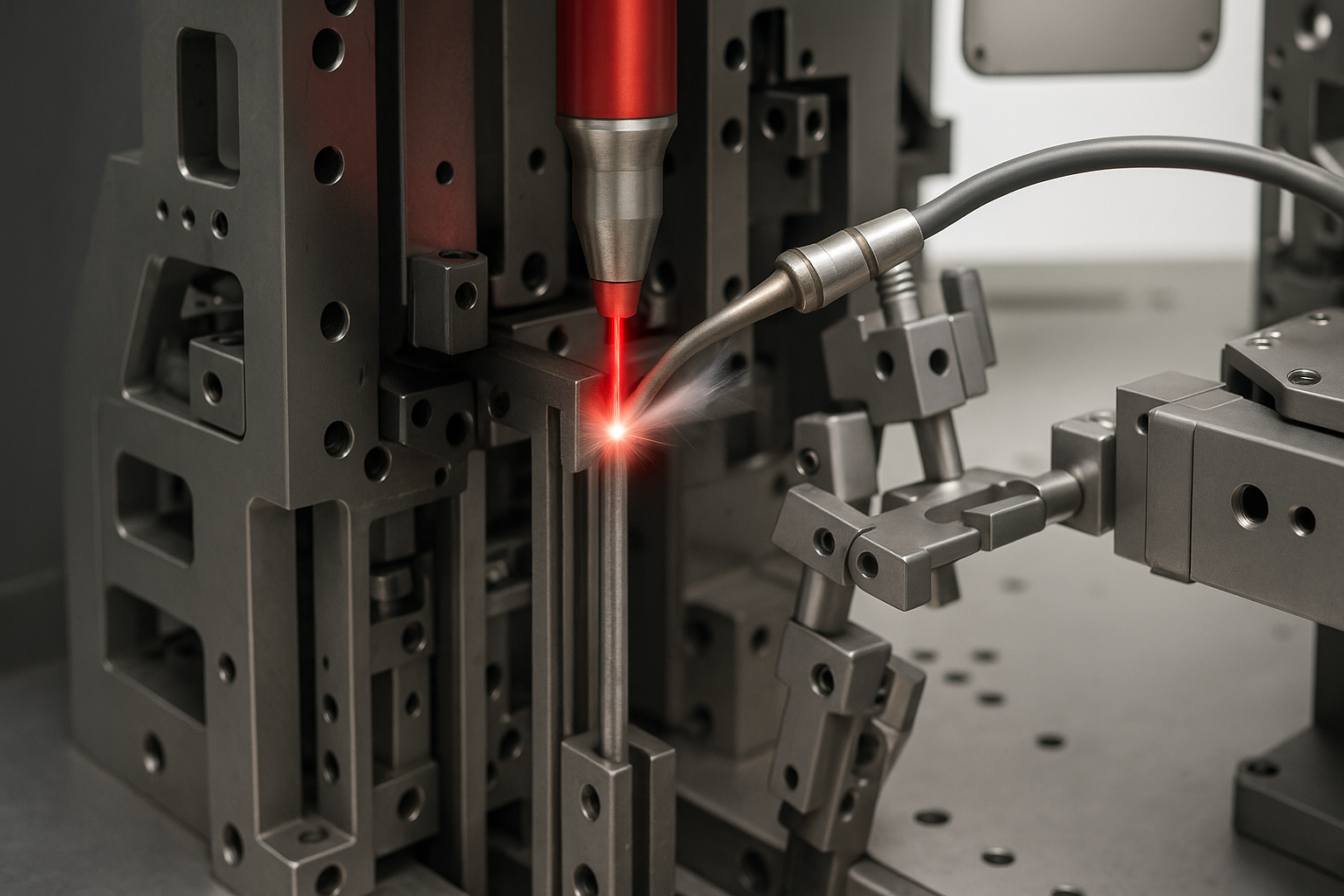 A close-up of a laser welding machine joining metal components.