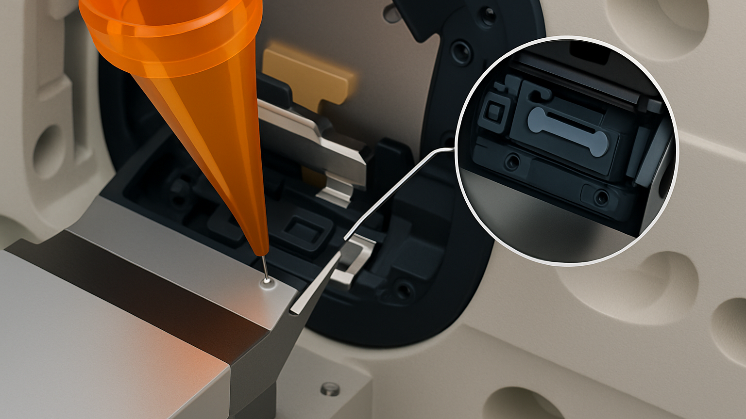 Close-up of a laboratory instrument with an orange pipette depositing a sample onto a metallic surface, and a zoomed-in view of a slot for a cartridge or slide.