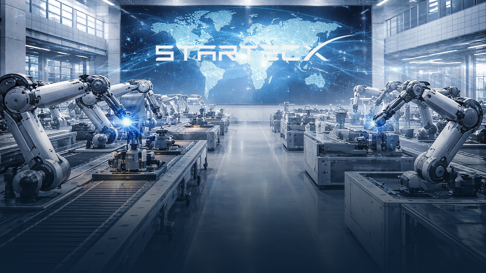 A futuristic industrial robot manufacturing facility with robotic arms working on various machines, a digital world map on a large screen displaying 'STARTECX', representing advanced technology and global connectivity.