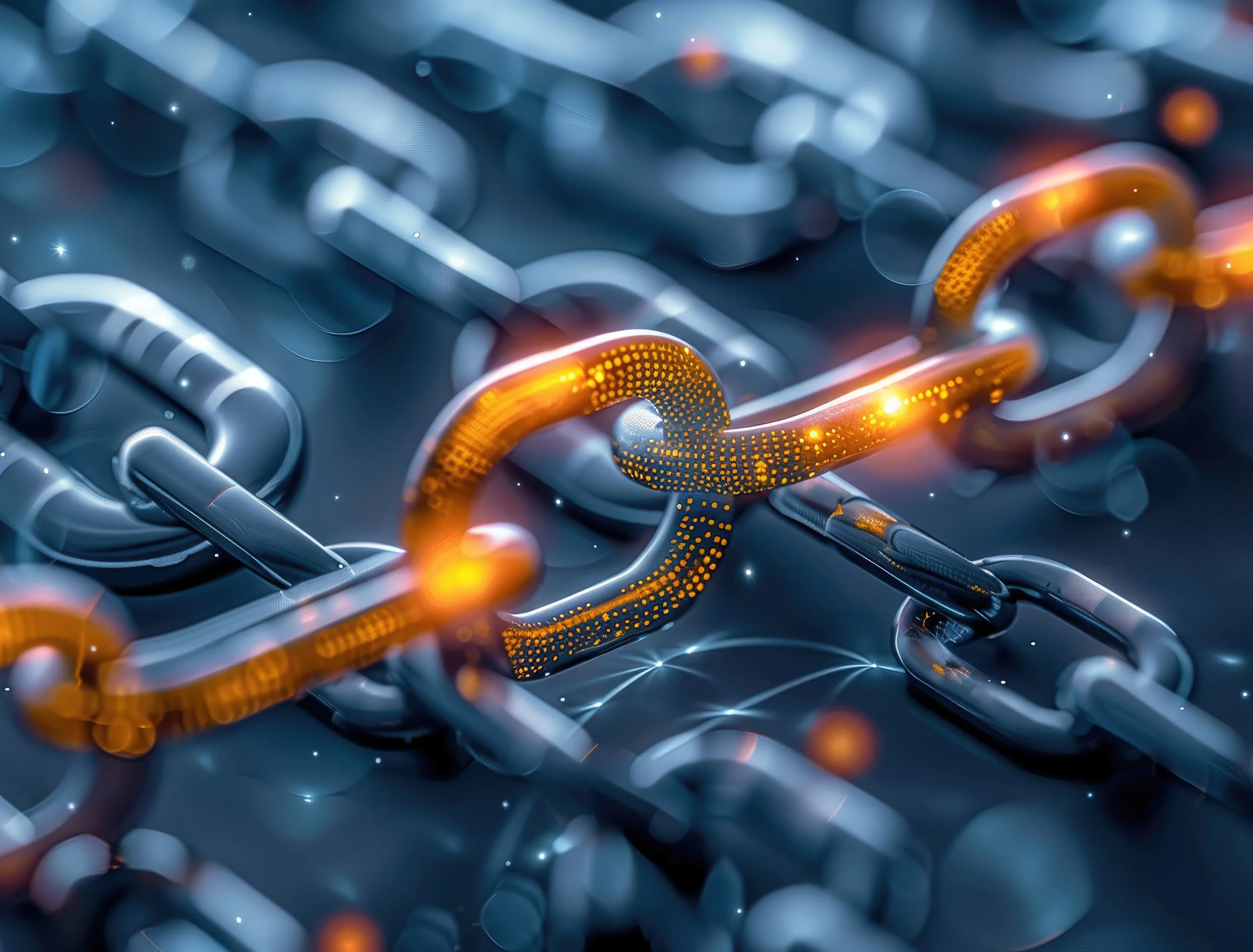 Close-up of metallic chains with glowing orange digital links, representing blockchain technology