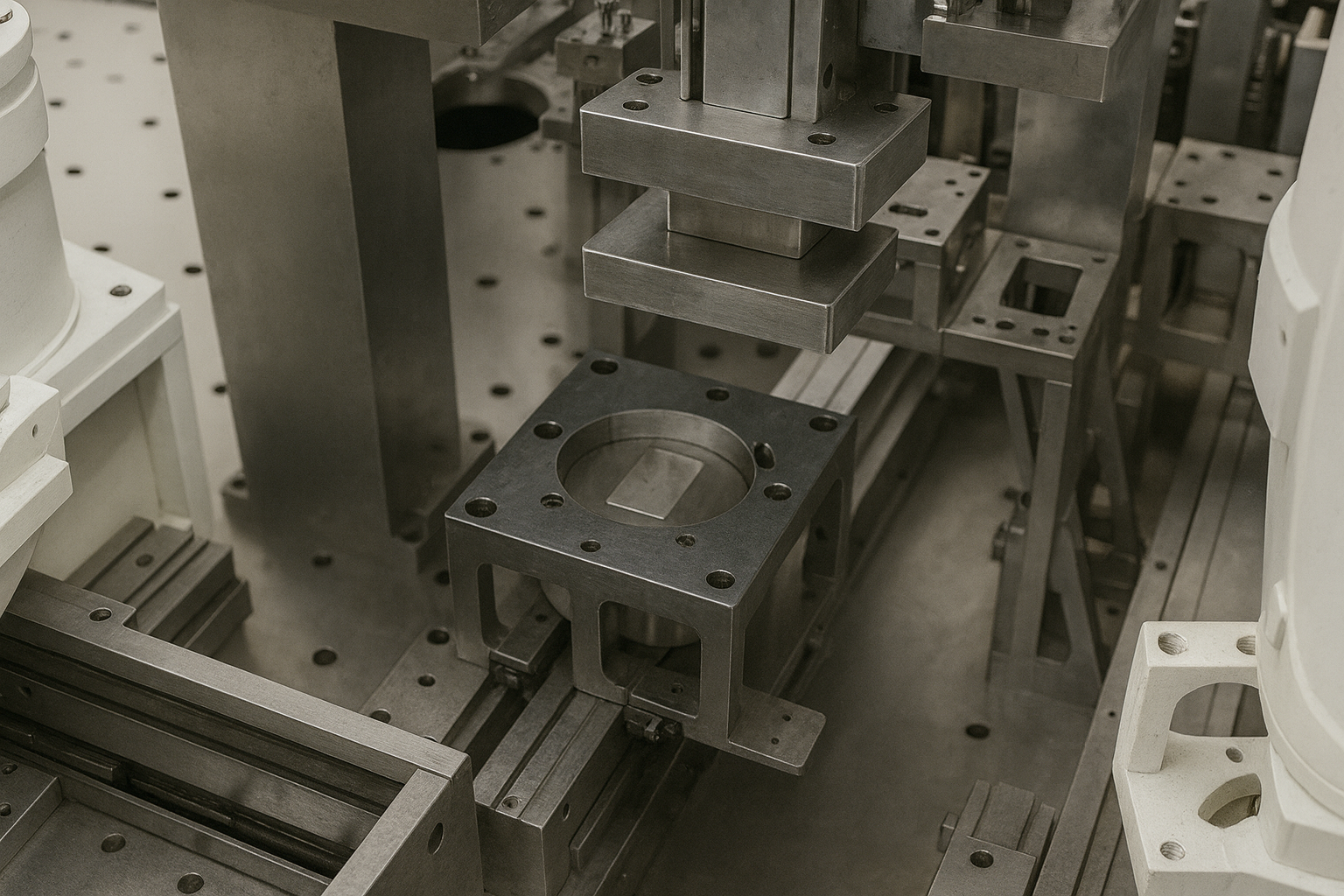 Close-up view of a precision machine with metal parts, screws, and components in a manufacturing or laboratory setting.