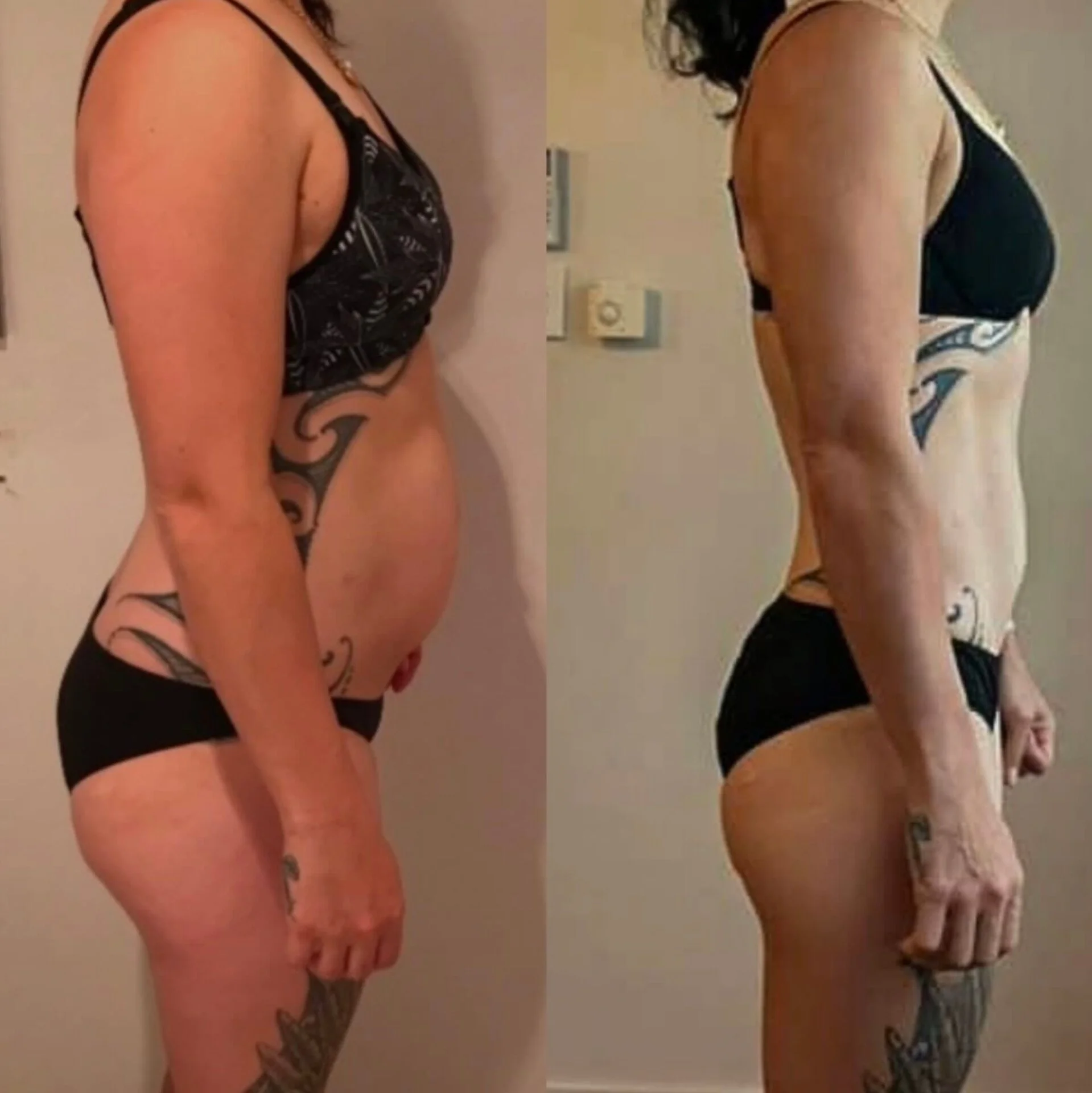 Side-by-side comparison of a woman before and after body transformation, wearing black underwear and a black sports bra, with tattoos visible on her side and arm.