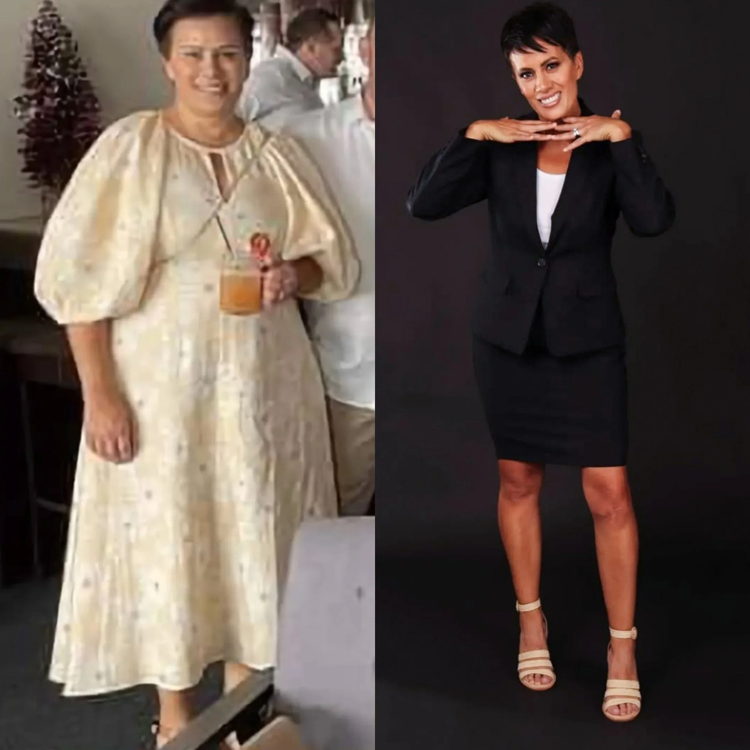 Comparison of a woman in a cream-colored dress holding a glass at a celebration on the left, and the same woman dressed in a black blazer and skirt posing against a dark background on the right.