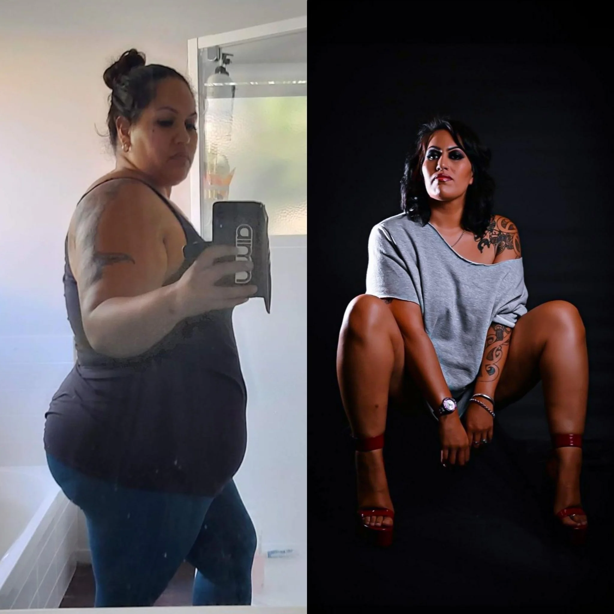 A side-by-side comparison photo showing a woman in casual attire on the left taking a mirror selfie, and the same woman dressed in a revealing outfit with tattoos on her arms on the right, sitting against a black background.