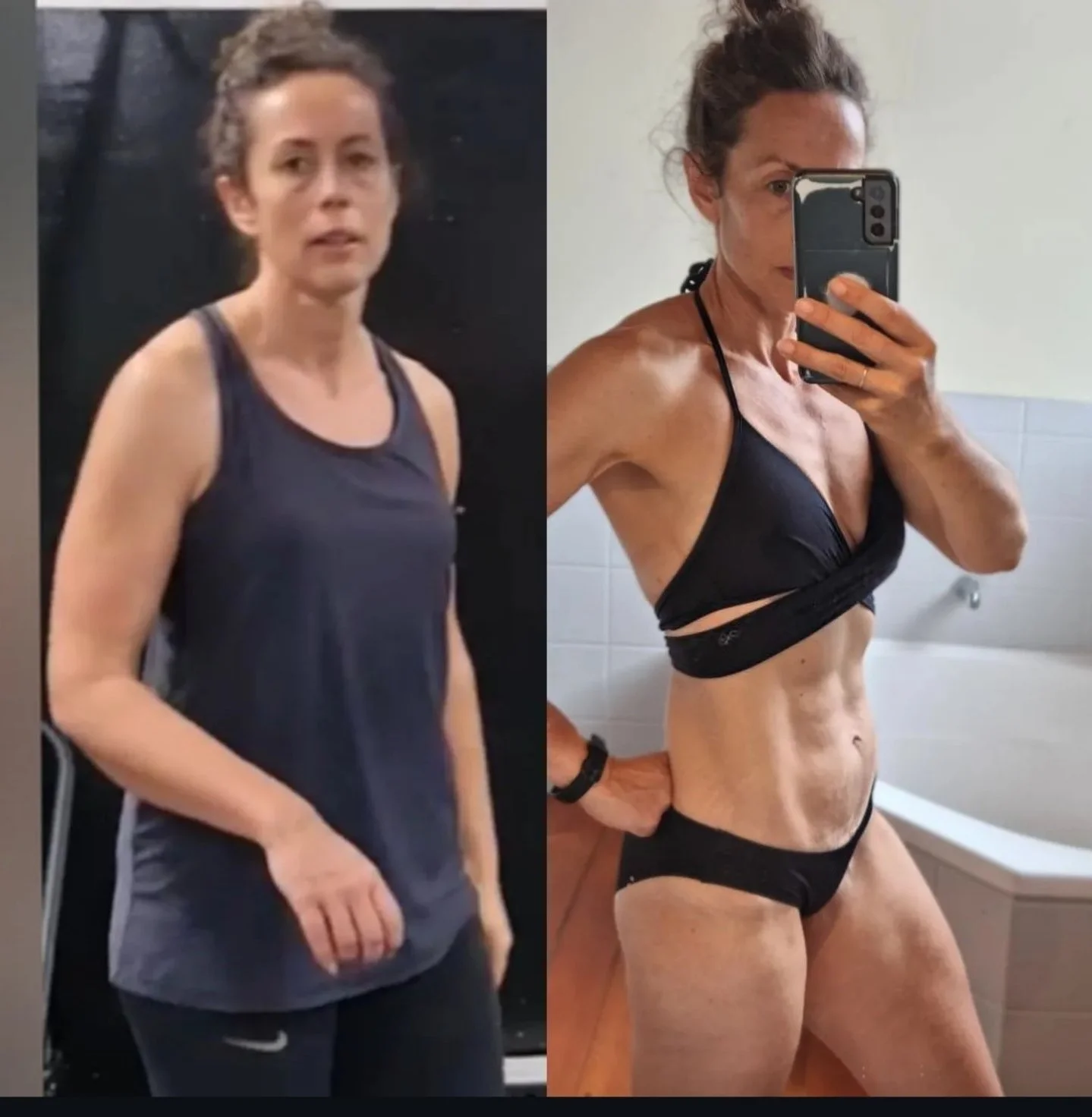 Side-by-side before and after photos of a woman showing fitness transformation. The left photo shows her in a dark workout tank top and pants, with a relaxed pose. The right photo shows her in a black sports bra and matching underwear, flexing her mu