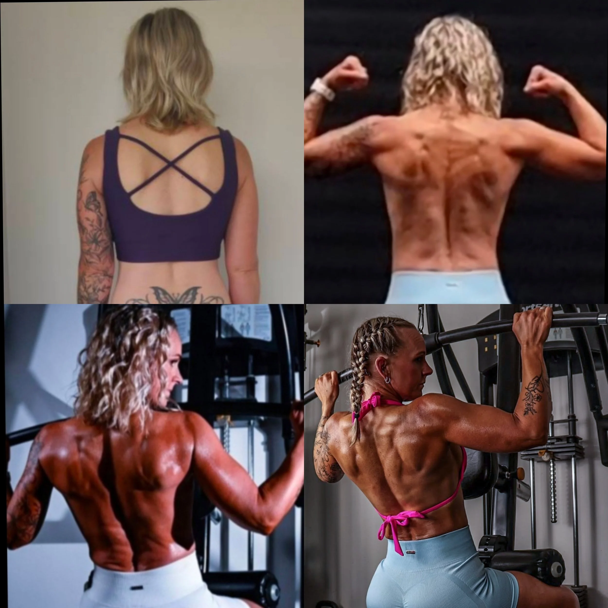 Collage of four women displaying their back muscles and tattoos; two in a gym lifting weights and two showing their physique.