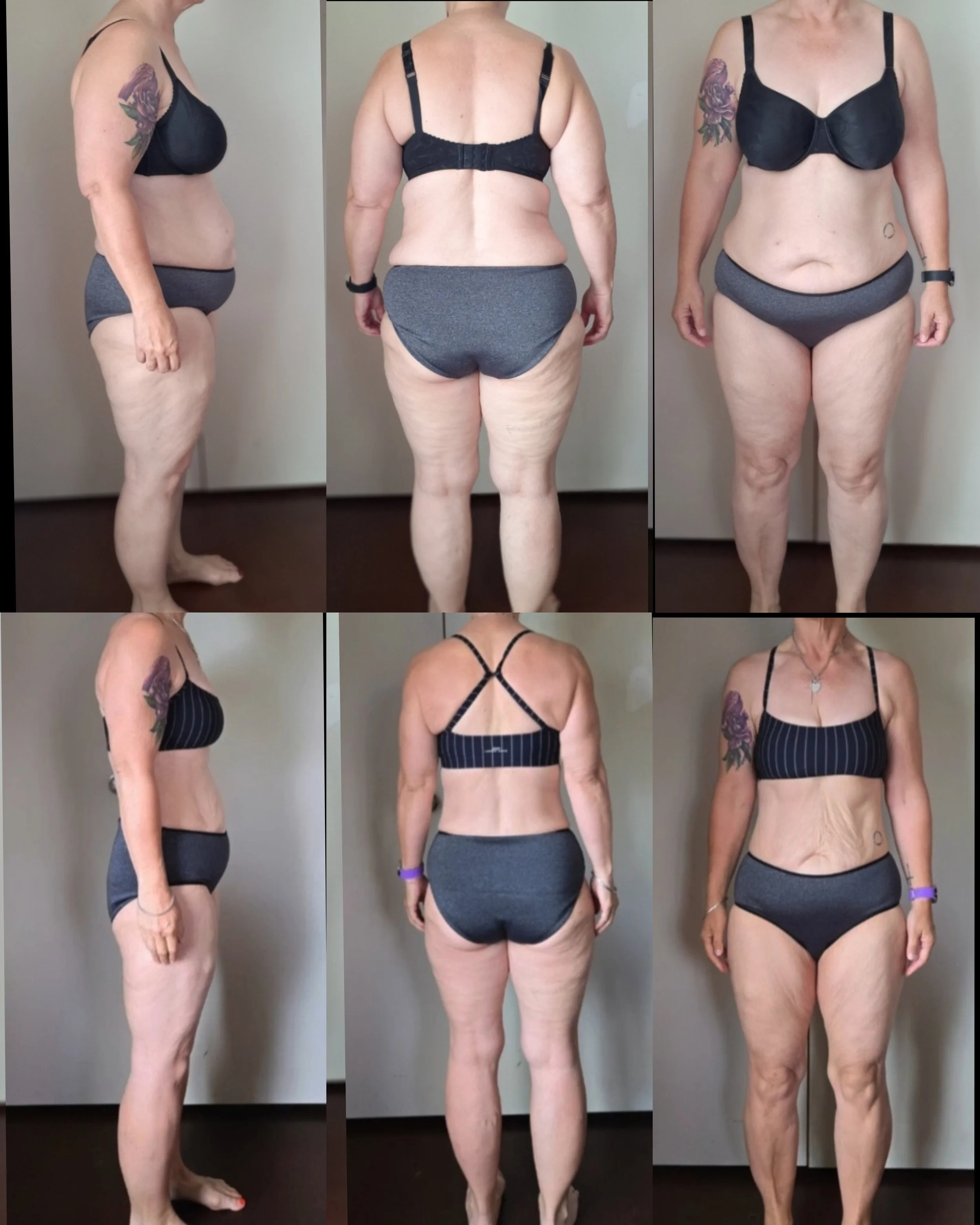 3 photo comparison of a woman who has lost excess body fat 