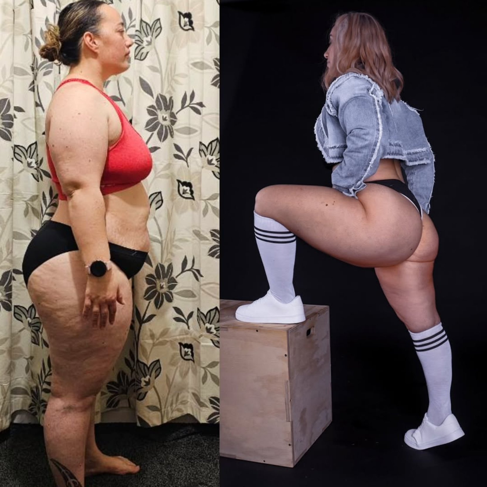 Side-by-side photos showing a woman before and after fitness transformation, highlighting changes in body shape and muscle tone.